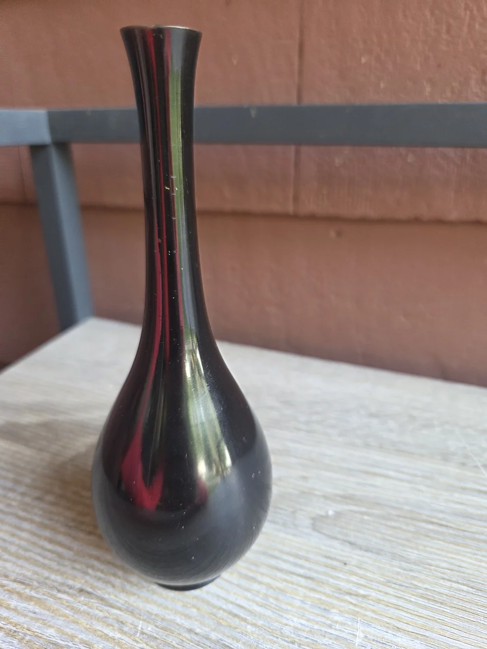 Vintage Japanese Chokin style Bud Vase Black Enamel Brass 6.5